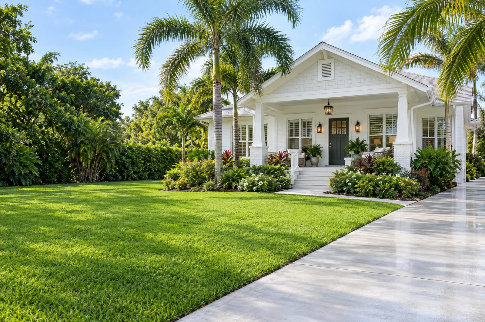 Illustrative Florida home with palms and a tidy yard