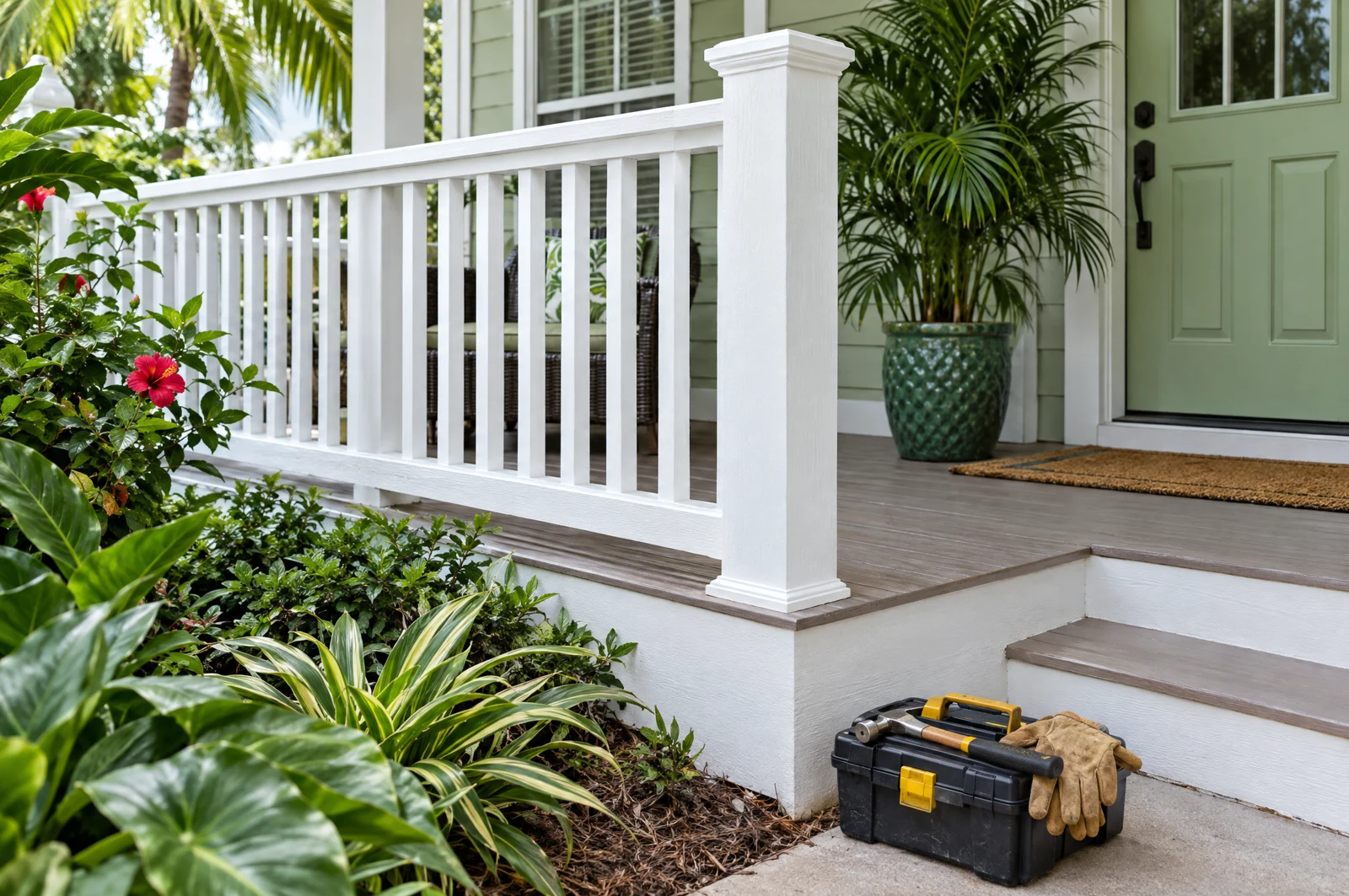 Illustrative repaired porch railing and a tidy toolbox