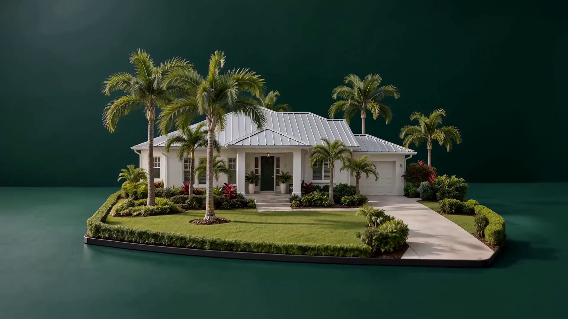 Illustrative Florida bungalow with palms and a clean driveway